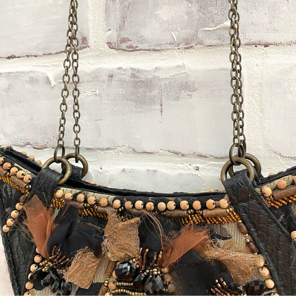 Mary Frances • Half Moon Crocodile Leather Beaded Crossbody Clutch • Vintage - Picture 10 of 15